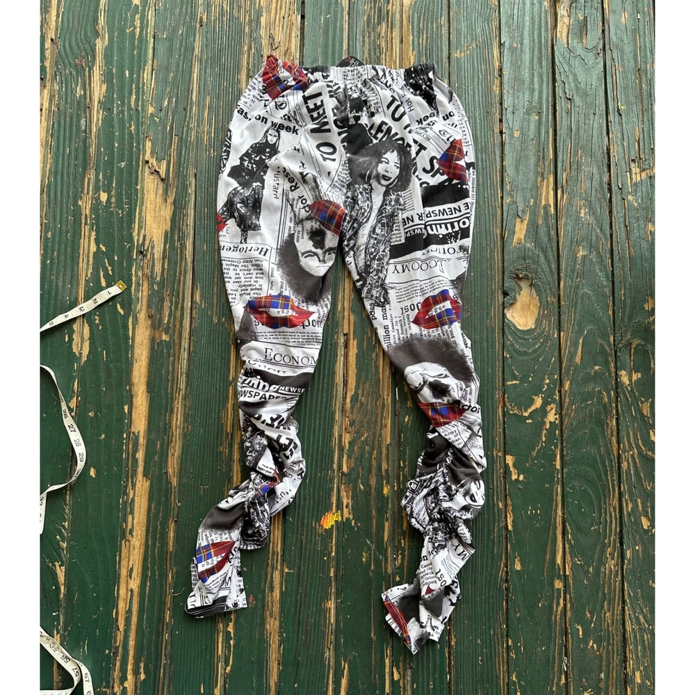 Newspaper Print Stacked Leggings Ruched Graphic Newsprint Streetwear Pants‎ A81